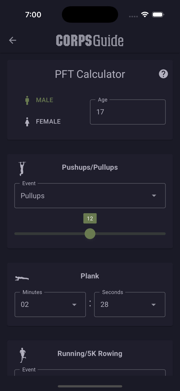 CorpsGuide PFT calculator scoring pull-ups, the plank, and the three-mile run